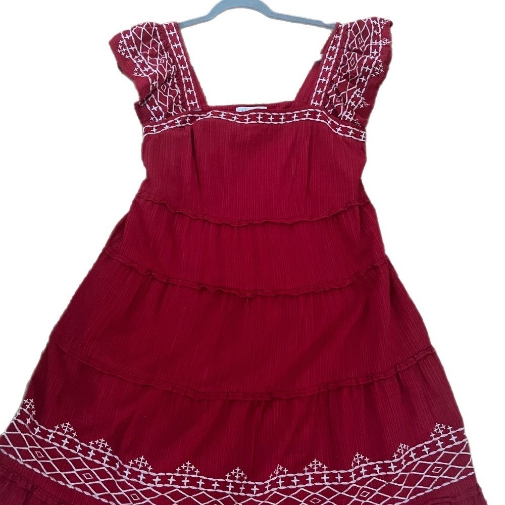 Red Embroidered ruffles layers Boho Festival Beach party dress